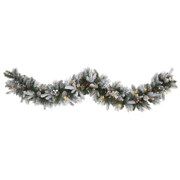 6 Foot Flocked Artificial Garland with 50 LED Lights Pine Cones Berries 180 Tips
