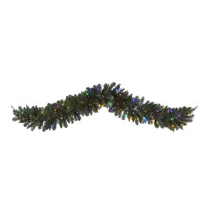 6 Ft Flocked Garland 130 Tips 50 Multi LED Lights with Berries Winter White