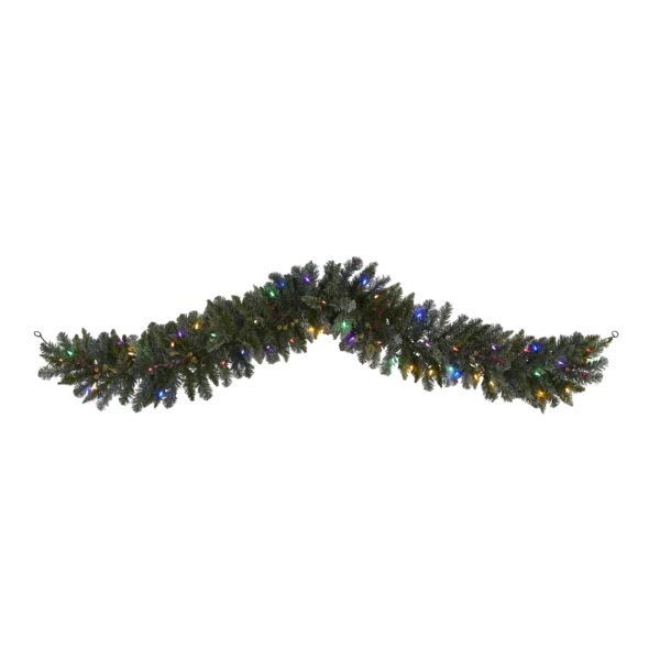 6 Ft Flocked Garland 130 Tips 50 Multi LED Lights with Berries Winter White