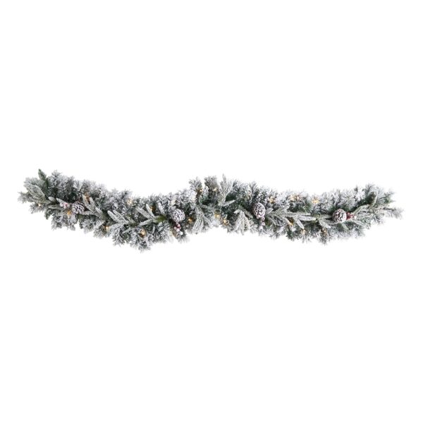 6 Foot Flocked Christmas Garland with 35 Warm White LED Lights and Pine Cones