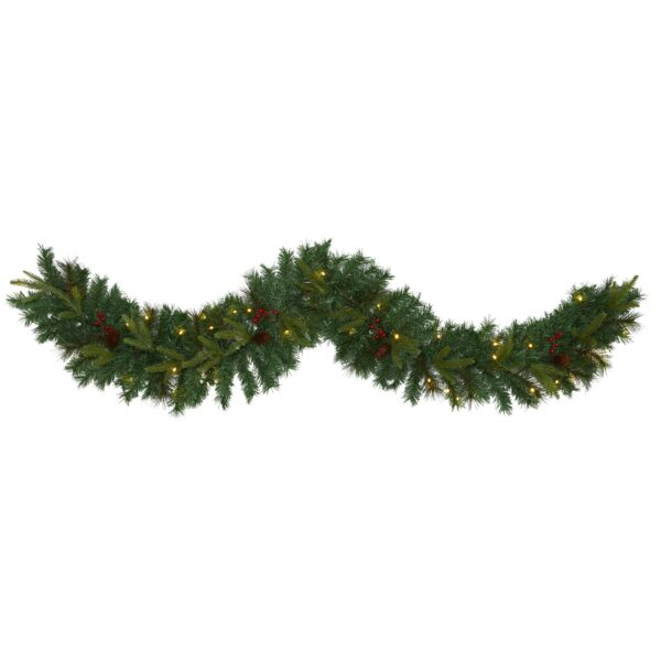 6 Foot Mixed Pine Christmas Garland with 35 LEDs Berries and Pine Cones