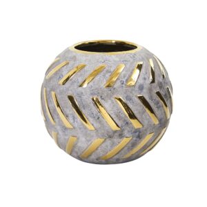 6 Inch Regal Round Stone Vase Gold Accents Ceramic Mid Century Modern Decor