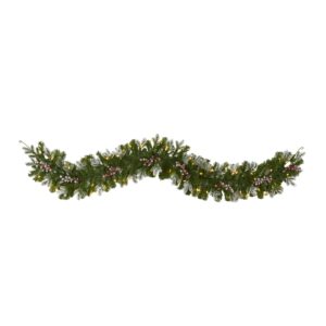 6 Foot Flocked Garland 120 Tips 50 LED Lights Holly Berries Winter Decor