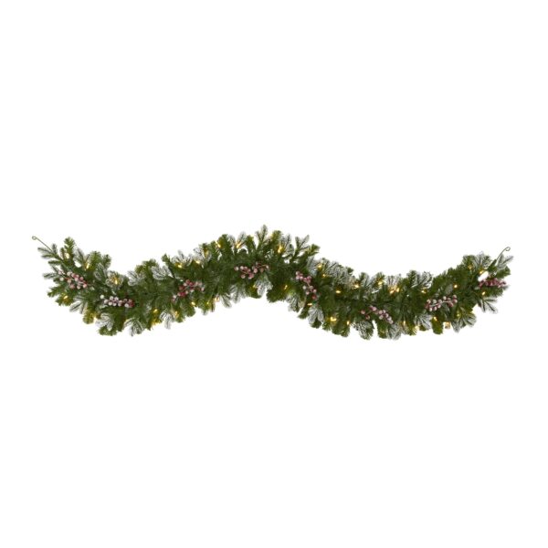 6 Foot Flocked Garland 120 Tips 50 LED Lights Holly Berries Winter Decor