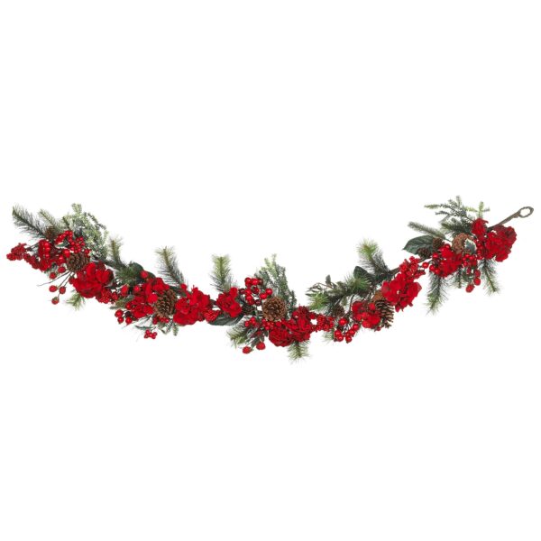 72 Inch Holiday Hydrangea Garland Red Berries Pinecones Greenery 6 Feet