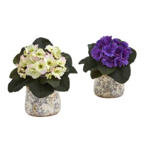 8 Inch African Violet Silk Plant Set of 2 Floral Design Vase Decorative Indoor