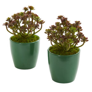 8 Inch Sedum Artificial Plant Green Planter Set of 2 Faux Succulent Decor