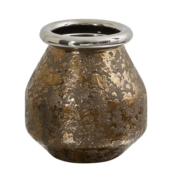 9.5 Inch Textured Bronze Vase Silver Rim Rustic Home Decor Accent