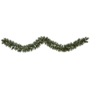 9 Ft Frosted Swiss Pine Garland with 50 Clear LED Lights and Berries Winter