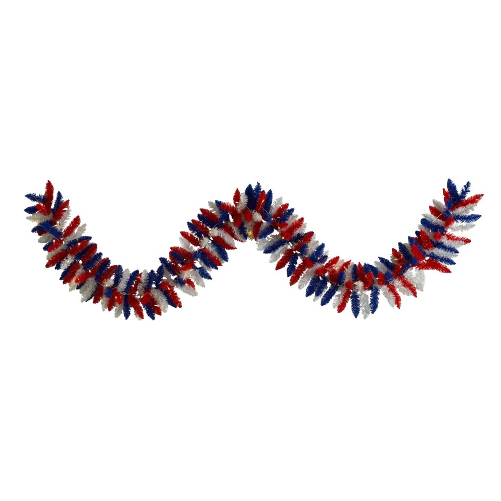 9 Ft Patriotic Garland with 50 Warm LED Lights Red White Blue Battery Operated