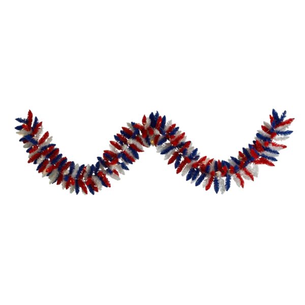 9 Ft Patriotic Garland with 50 Warm LED Lights Red White Blue Battery Operated