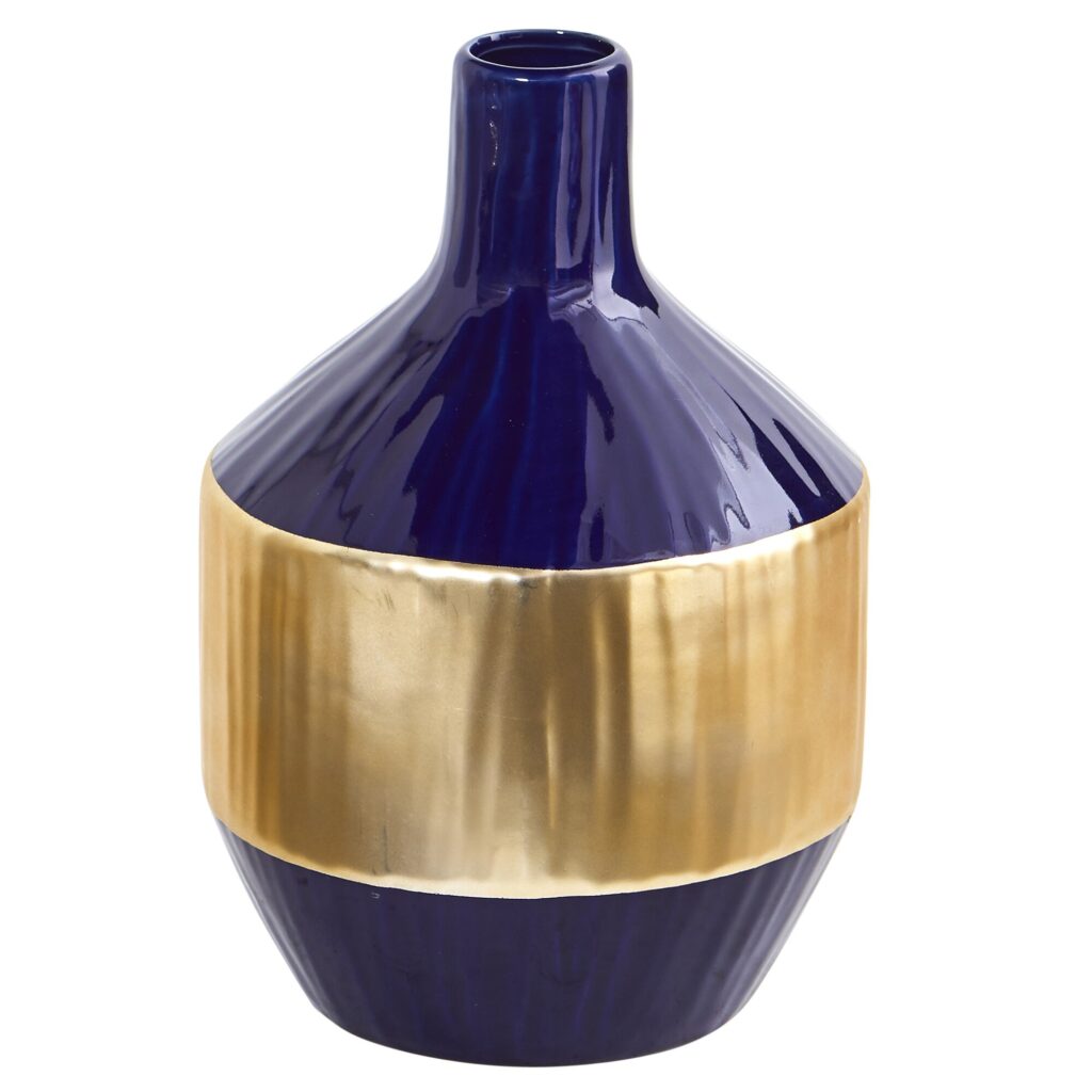 9 Inch Lux Blue Ceramic Vase Gold Band Designer Home Accent Decor