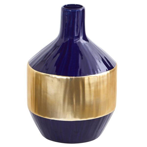 9 Inch Lux Blue Ceramic Vase Gold Band Designer Home Accent Decor