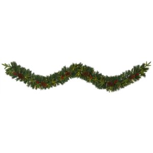 9 Ft Mixed Pine Christmas Garland with 50 LEDs Berries Pinecones Festive Decor