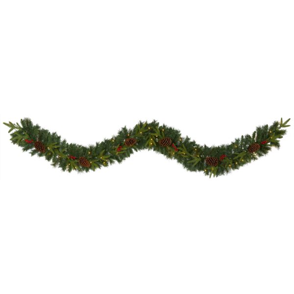 9 Ft Mixed Pine Christmas Garland with 50 LEDs Berries Pinecones Festive Decor