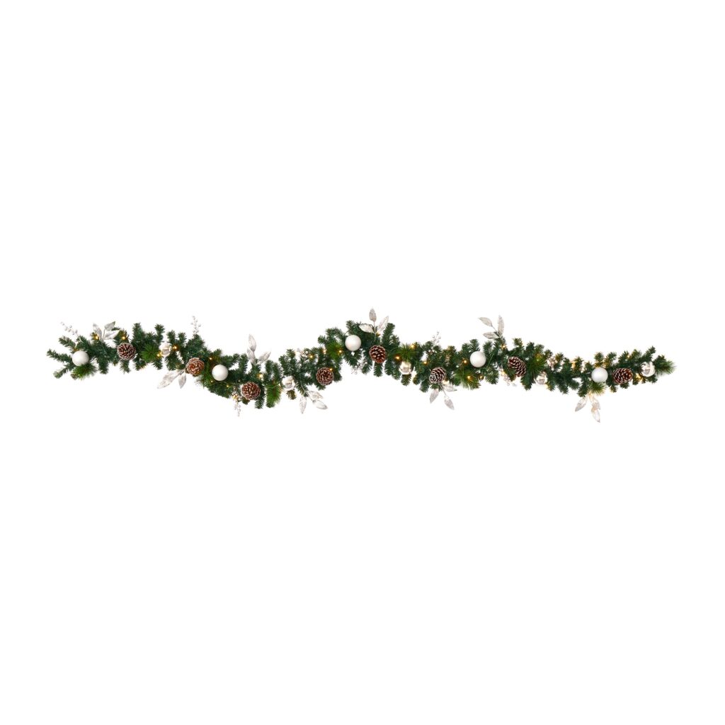 9 Foot Artificial Pine Garland with Ornaments Pinecones 50 Clear LED Lights