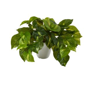 9 Inch Pothos Artificial Plant Real Touch Green Leaves White Planter Decor