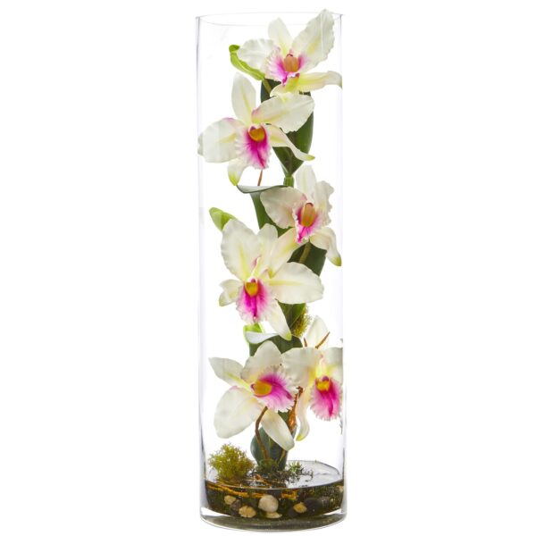 Cattleya Orchid Artificial Arrangement Cylinder Vase 20 Inch Realistic Faux