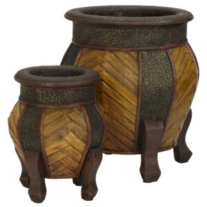 Decorative Rounded Wood Planters Set of 2 15 Inch and 10.75 Inch with Thatch