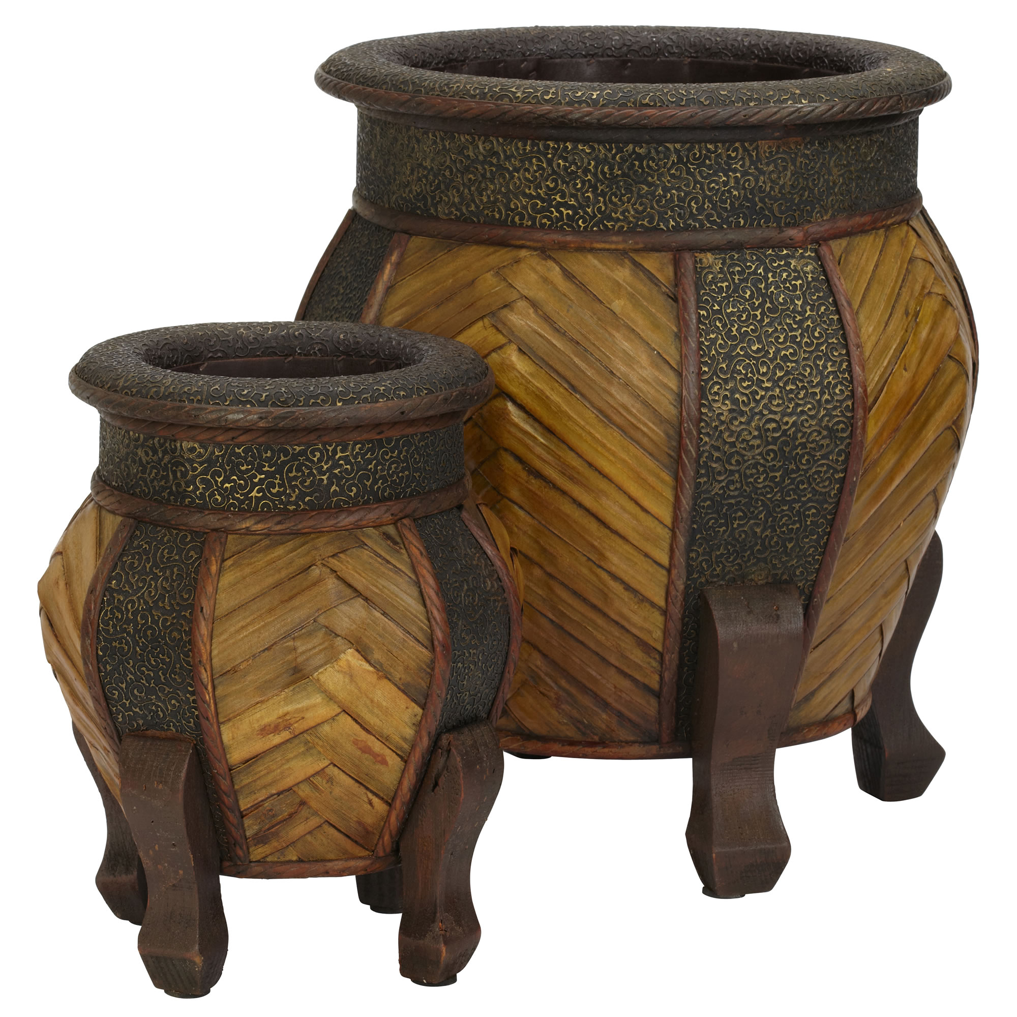 Decorative Rounded Wood Planters Set of 2 15 Inch and 10.75 Inch with Thatch