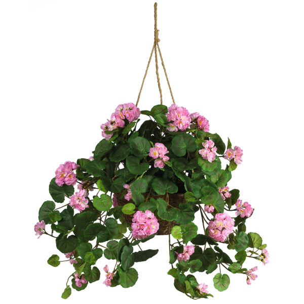 Geranium Hanging Basket Artificial Silk Flowers Wicker Planter 24 Inch