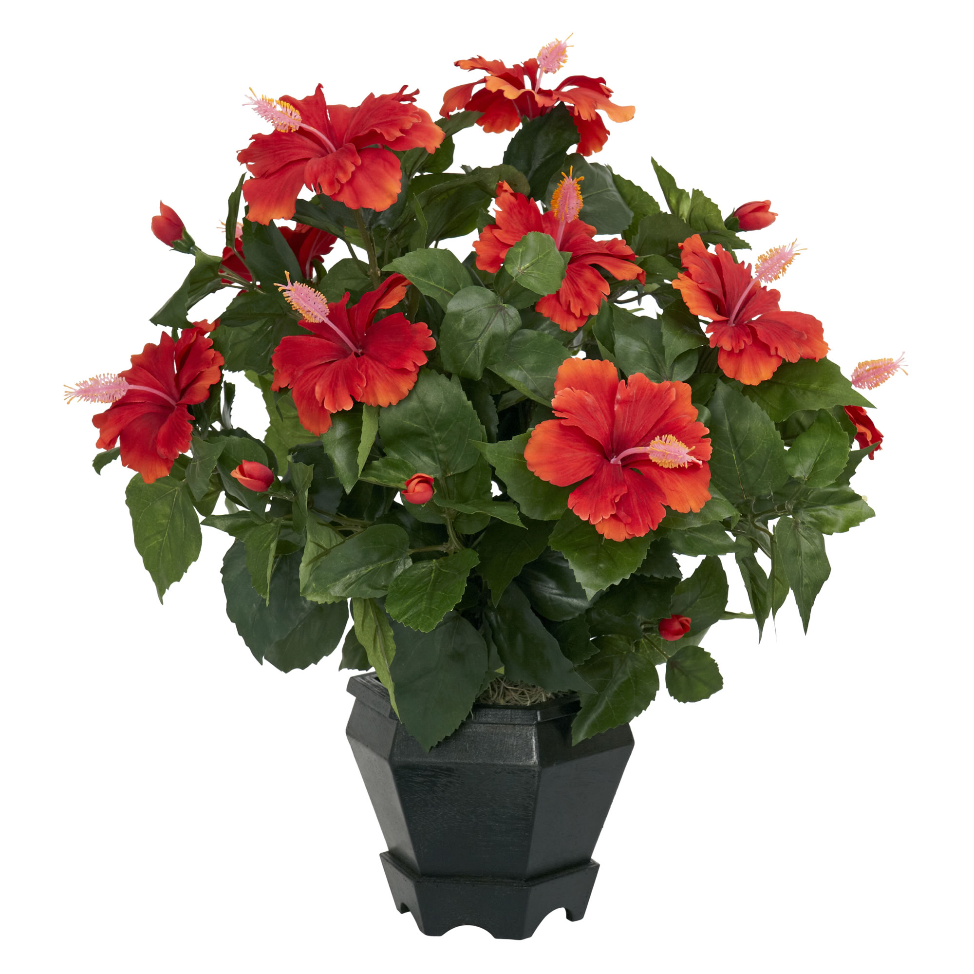 Silk Hibiscus Plant with Black Hexagon Vase 20 Inch Floral Arrangement