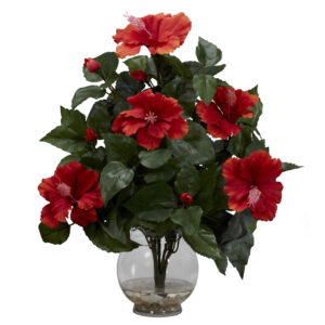 Hibiscus Silk Flower Arrangement with Fluted Vase Red Pink Faux Water Decor