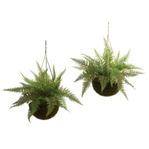 Leather Fern Artificial Plant Set of 2 with Moss Hanging Baskets 18 Inch In/Out