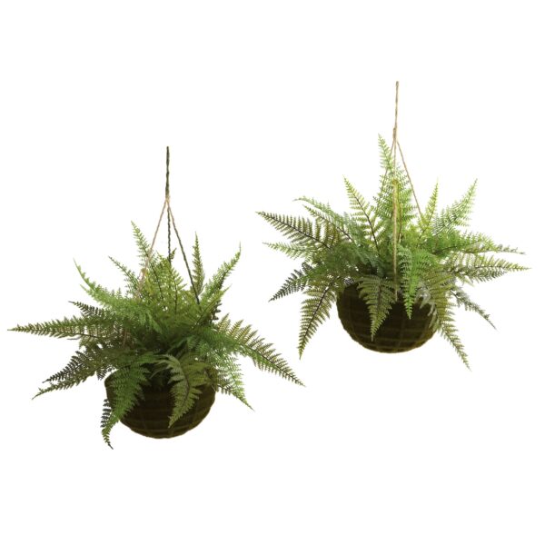 Leather Fern Artificial Plant Set of 2 with Moss Hanging Baskets 18 Inch In/Out