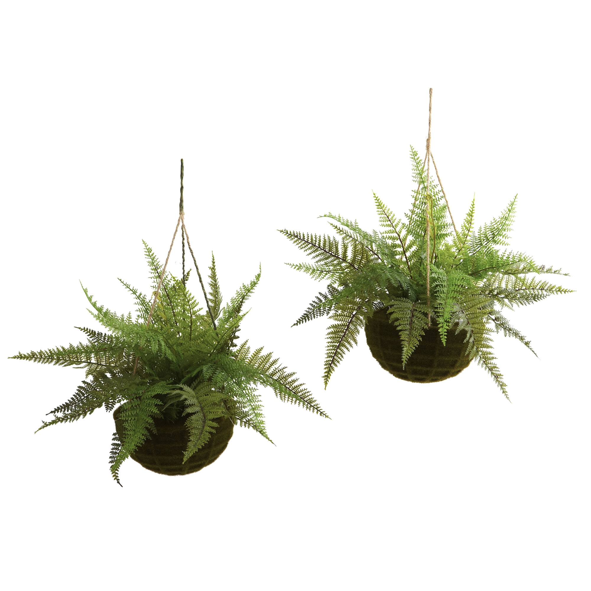 Leather Fern Artificial Plant Set of 2 with Moss Hanging Baskets 18 Inch In/Out