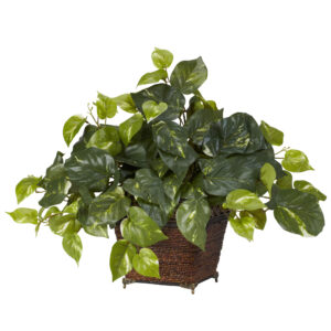 Pothos Silk Plant with Coiled Rope Planter 17 Inch Decorative Green Leaves