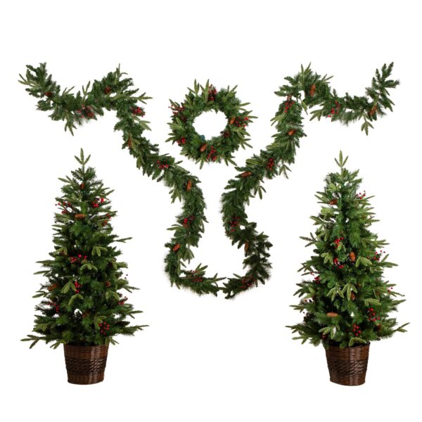 Pre-Lit Artificial Christmas Decor Bundle 2 Trees 5 Ft 2 Garlands 9 Ft Wreath