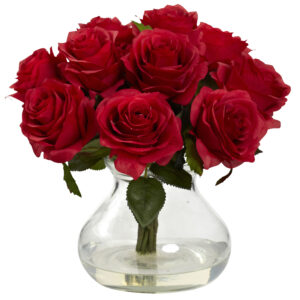 Rose Arrangement with Decorative Glass Vase Liquid Illusion Faux Water 11 Inch