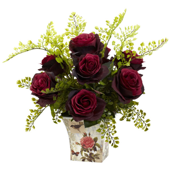 Rose and Maiden Hair Arrangement Floral Planter 13 Inch Height Elegant Decor