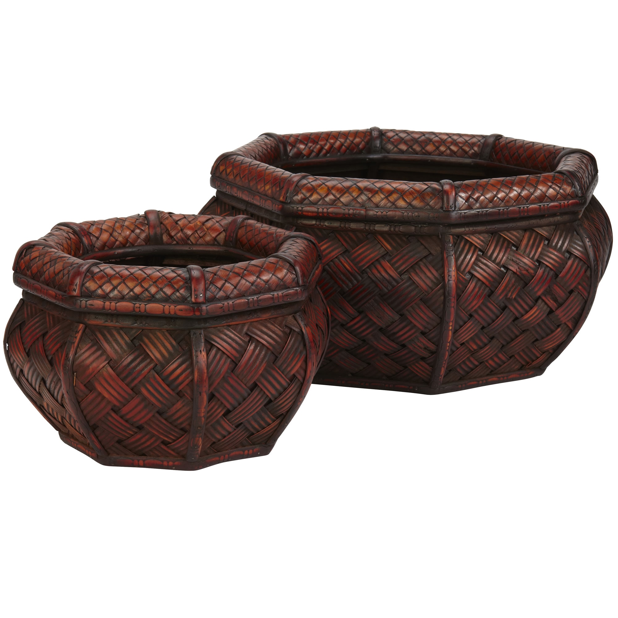 Rounded Octagon Decorative Planter Set of 2 Light and Dark Burgundy Cross Hatch