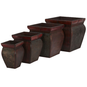 Square Planters Set of 4 Deep Burgundy with Bamboo Style Rim Floral Design