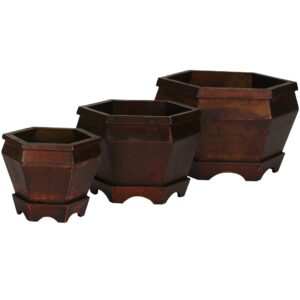 Wooden Hexagon Decorative Planter Set of 3 Earthen Finish Indoor Outdoor