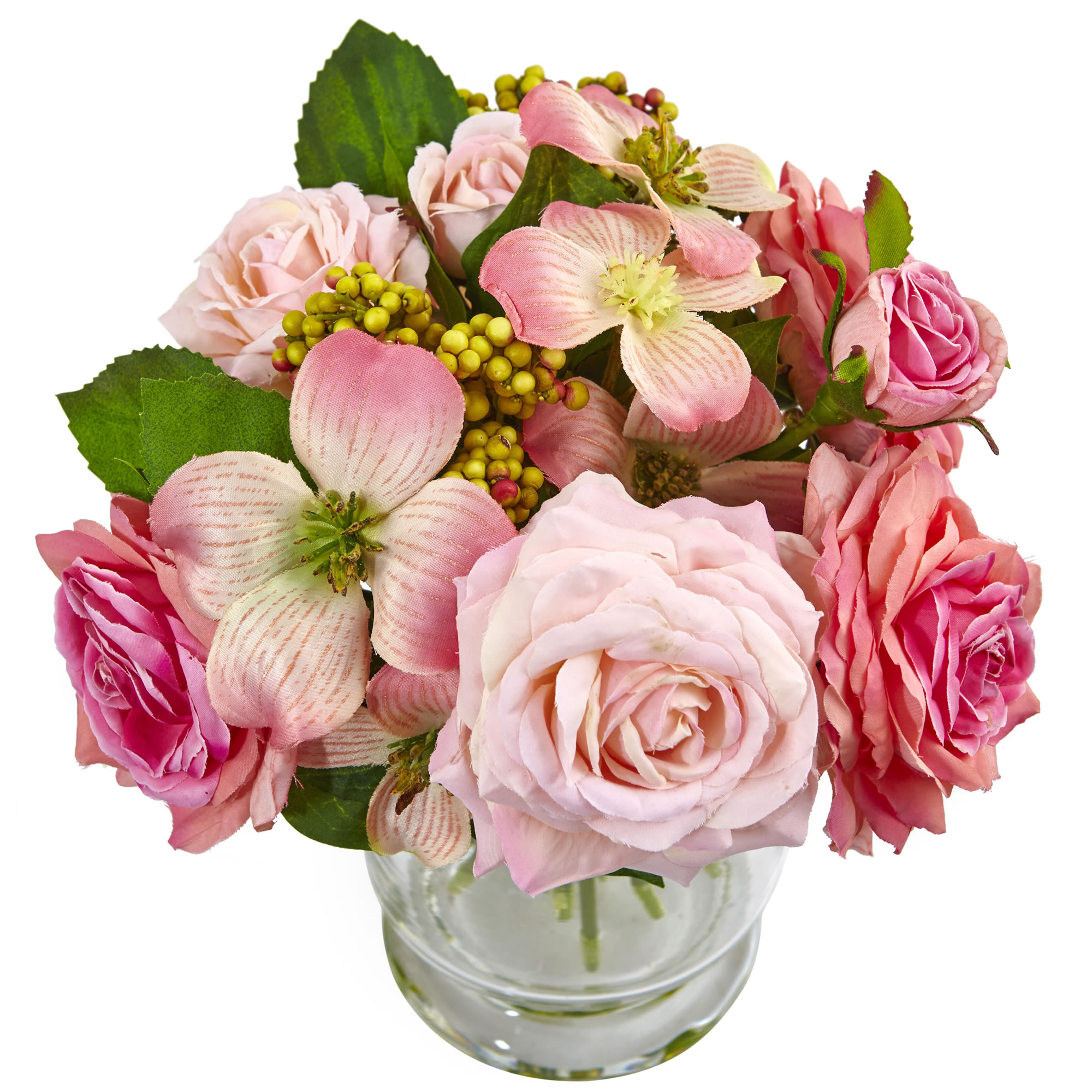 10 Inch Rose and Berry Floral Arrangement Pink Textured Roses Glass Vase - Image 2