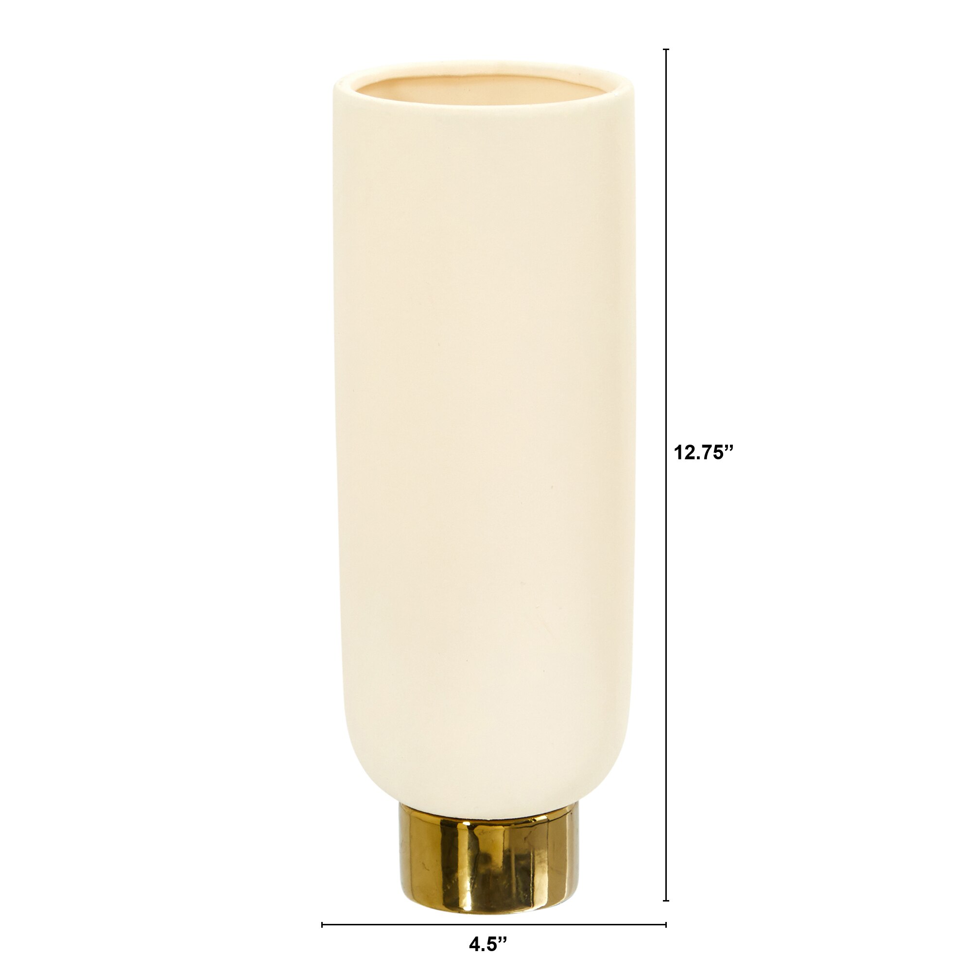 12.75 Inch Ceramic Cylinder Vase Cream with Gold Base Elegant Decor - Image 2