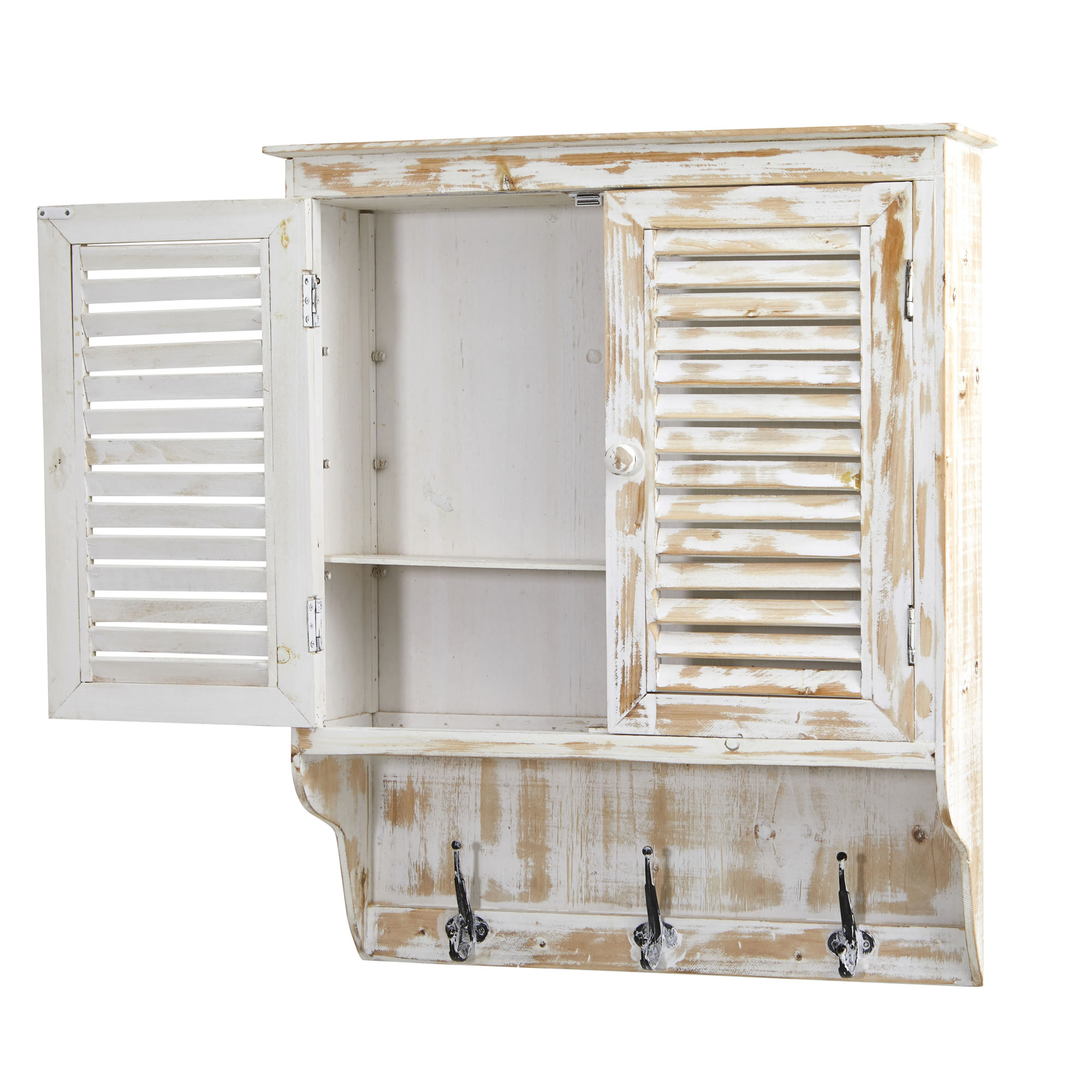 32 Inch White Washed Wall Cabinet with Hooks Rustic Bathroom Storage - Image 2