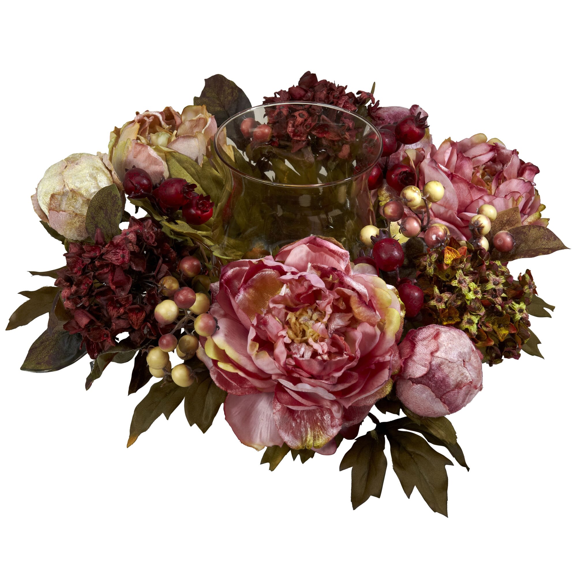 6.5 Inch Peony Hydrangea Candelabrum Floral Candle Centerpiece with Glass Holder - Image 2