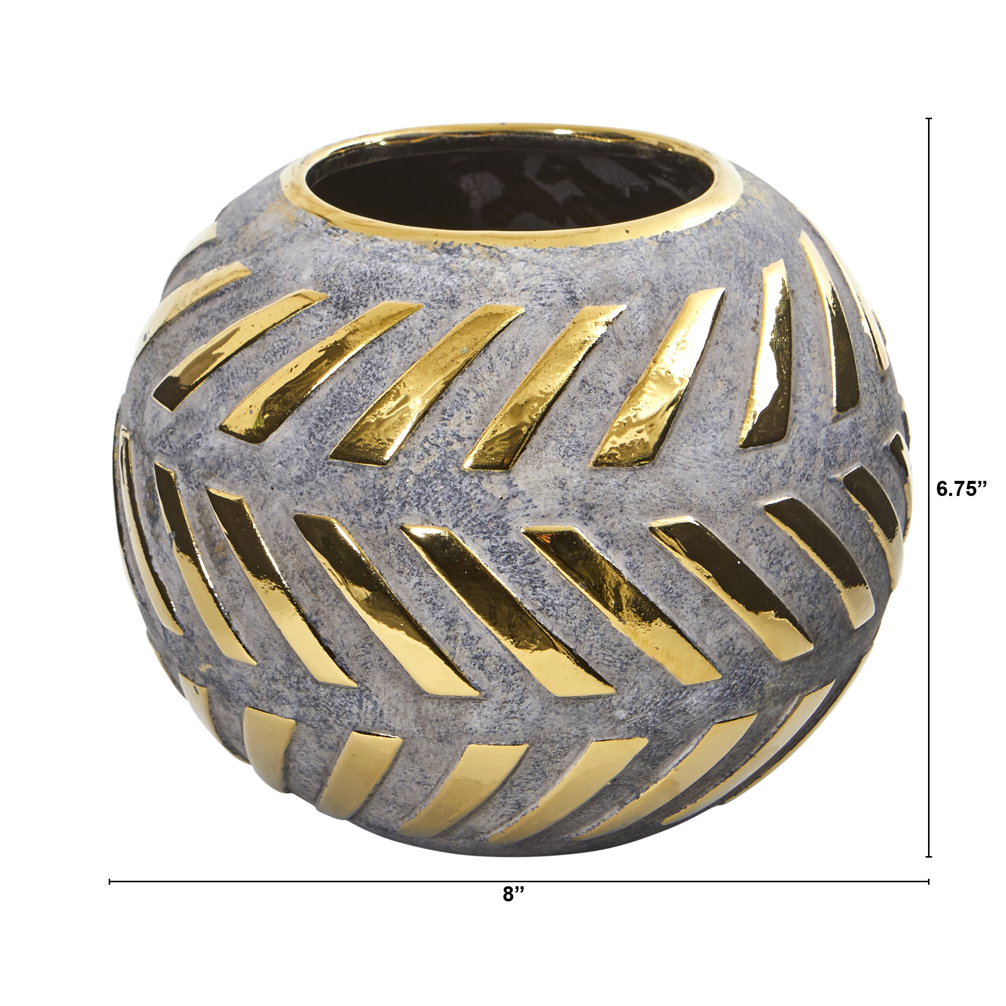 8 Inch Regal Round Stoneware Vase Gold Accents Mid Century Modern Tabletop Decor - Image 2