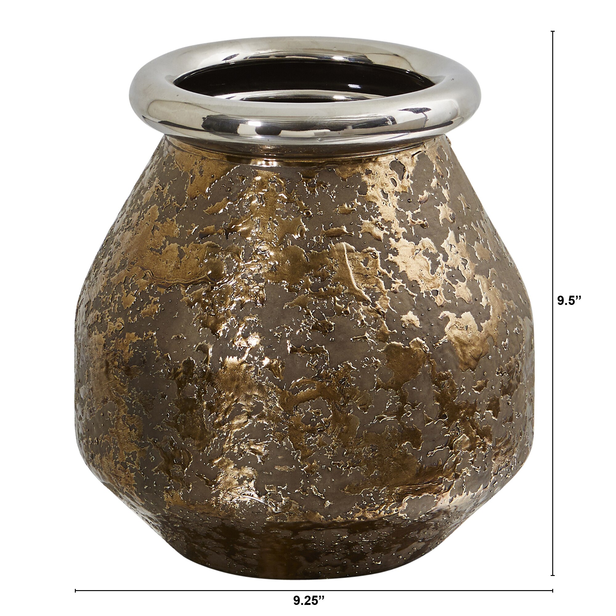 9.5 Inch Textured Bronze Vase Silver Rim Rustic Home Decor Accent - Image 2