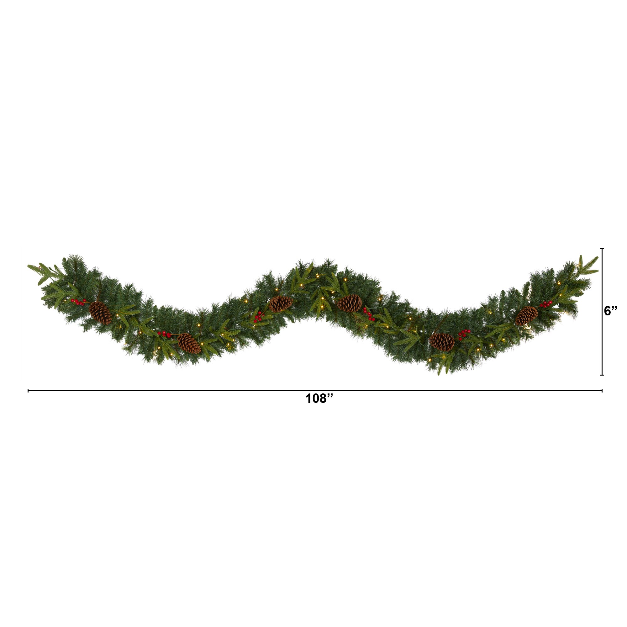 9 Ft Mixed Pine Christmas Garland with 50 LEDs Berries Pinecones Festive Decor - Image 2