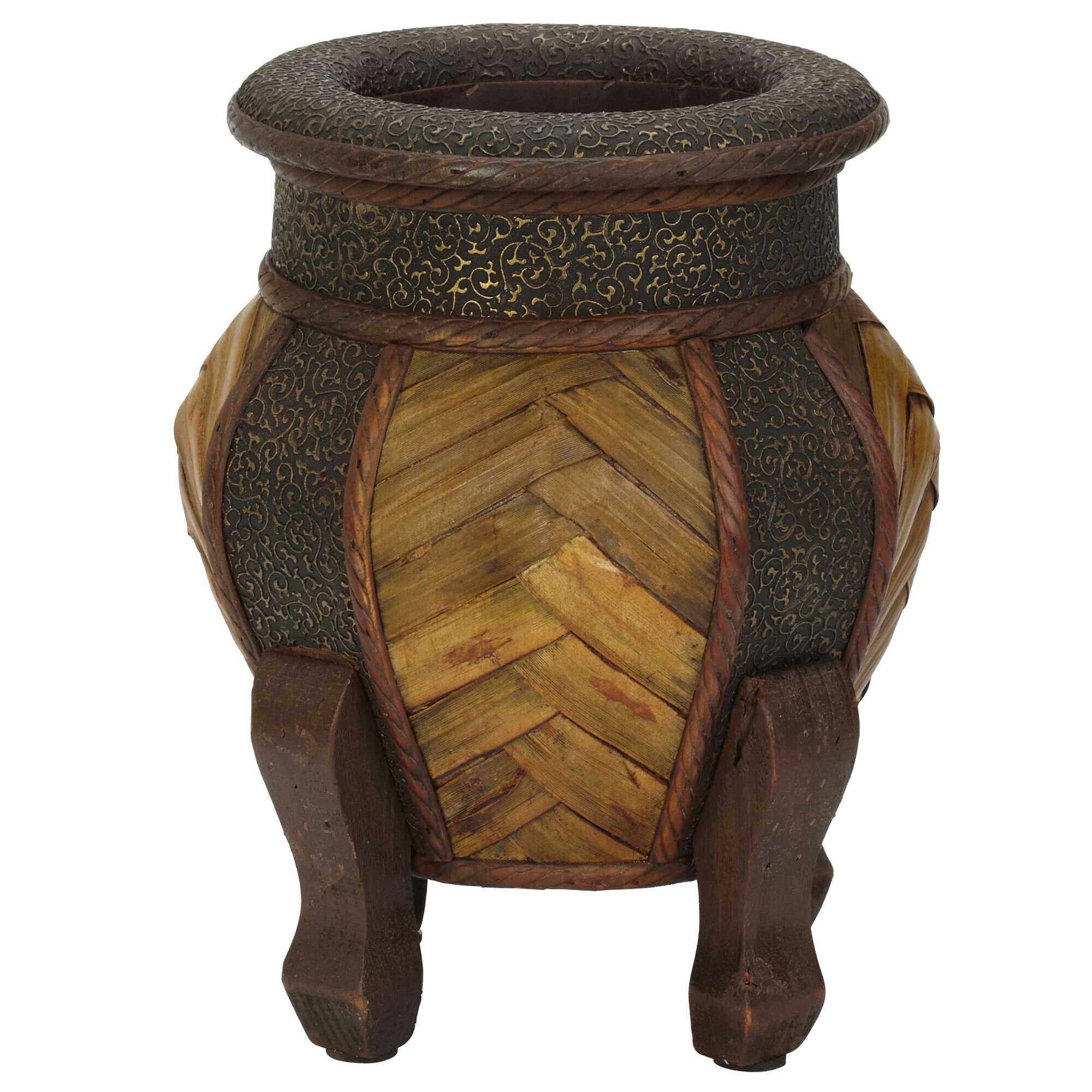 Decorative Rounded Wood Planters Set of 2 15 Inch and 10.75 Inch with Thatch - Image 2
