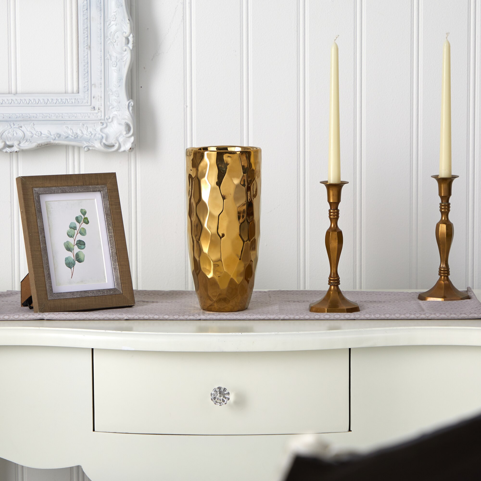 10 Inch Designer Gold Cylinder Vase Modern Glam Decorative Flower Holder - Image 3