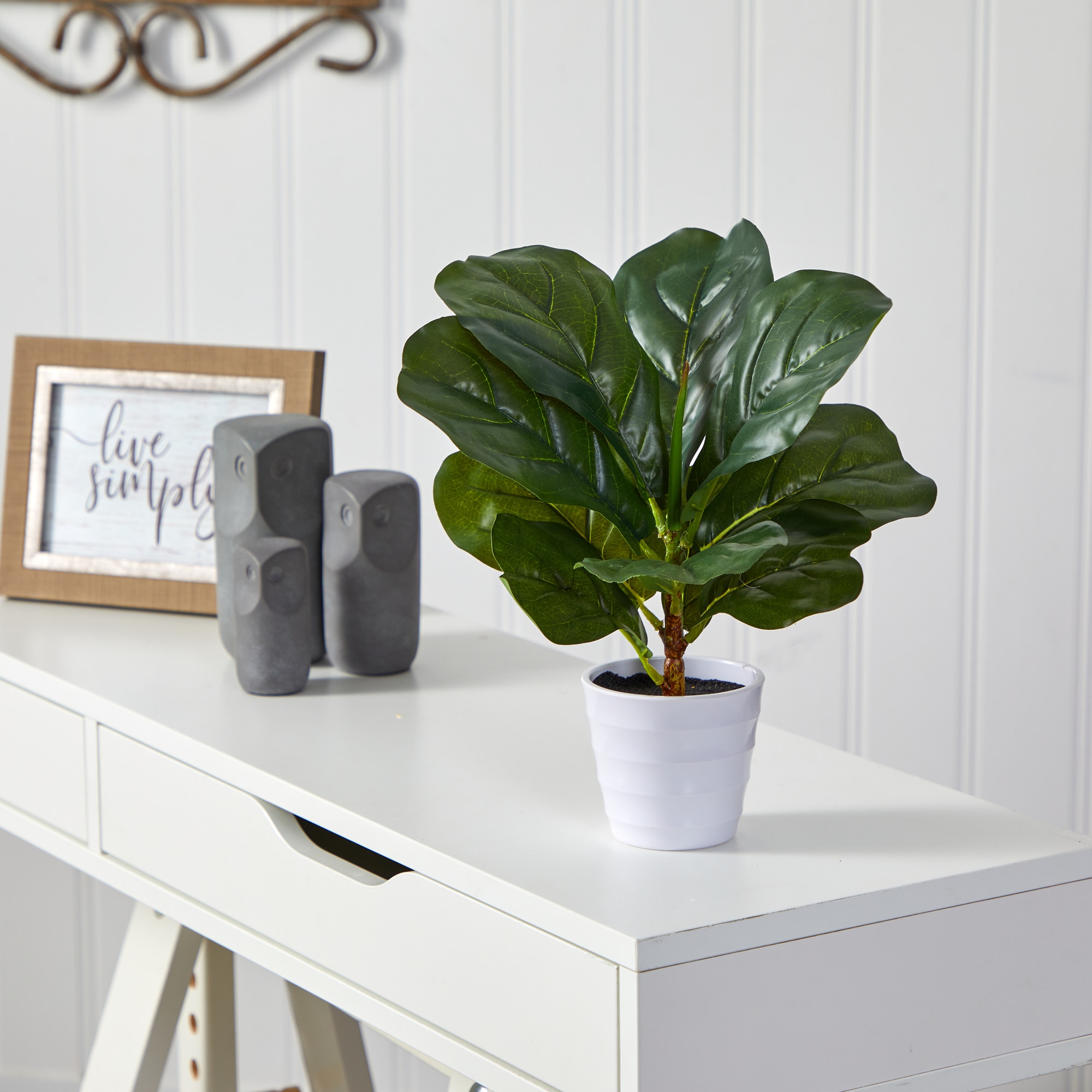 11 Inch Faux Fiddle Leaf Plant in White Planter Real Touch Indoor Decor - Image 3