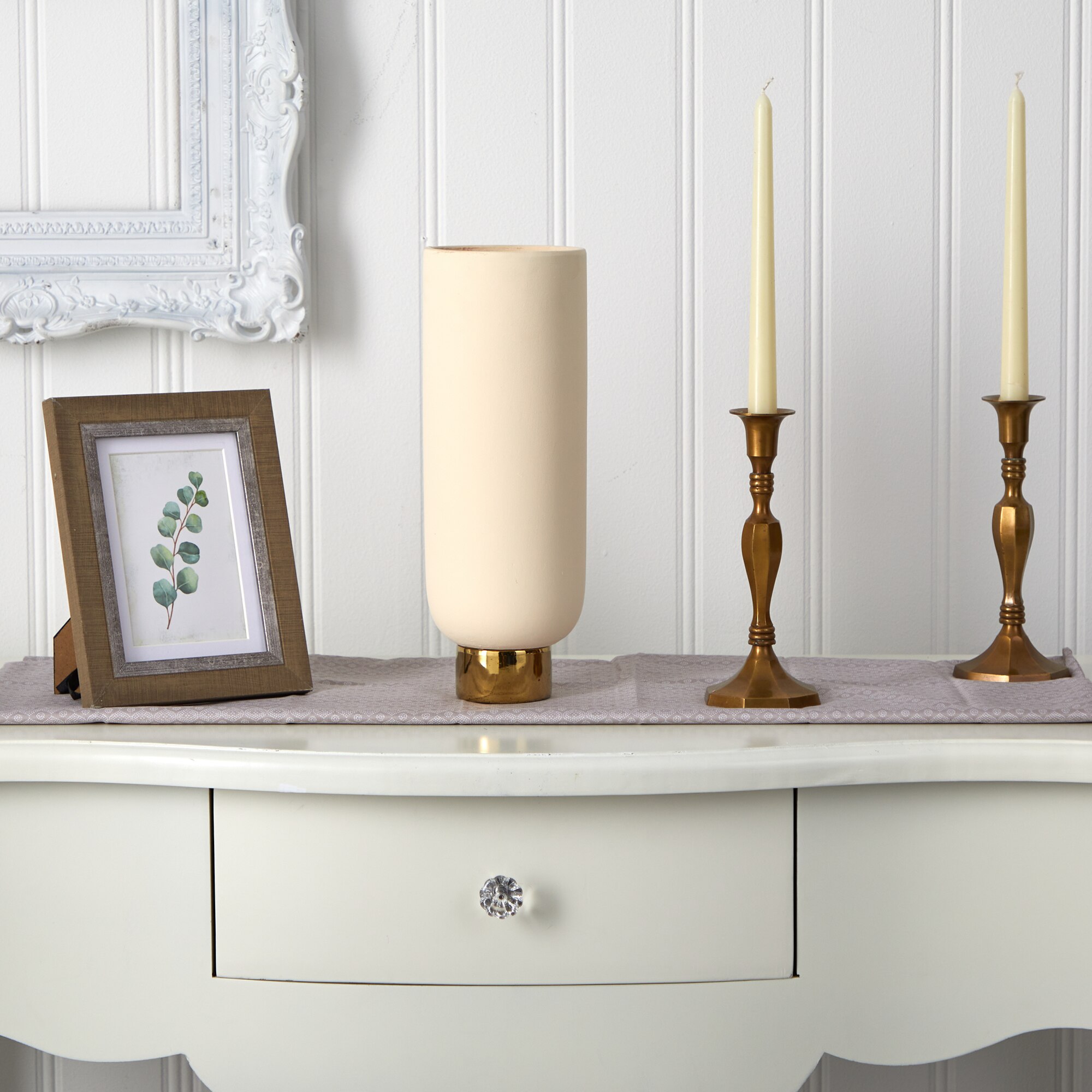 12.75 Inch Ceramic Cylinder Vase Cream with Gold Base Elegant Decor - Image 3