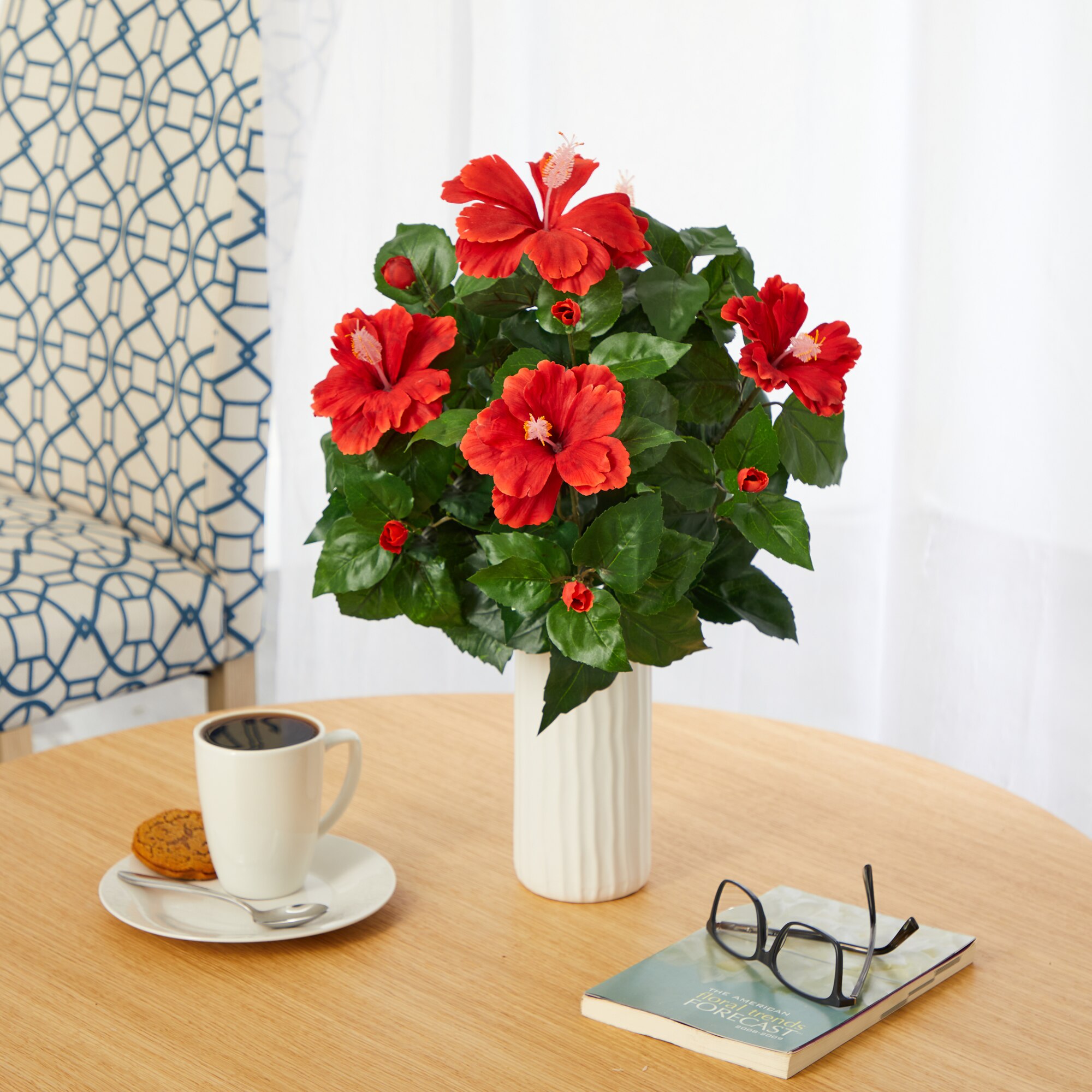 20 Inch Hibiscus Artificial Plant in White Planter Tropical Home Decor - Image 3