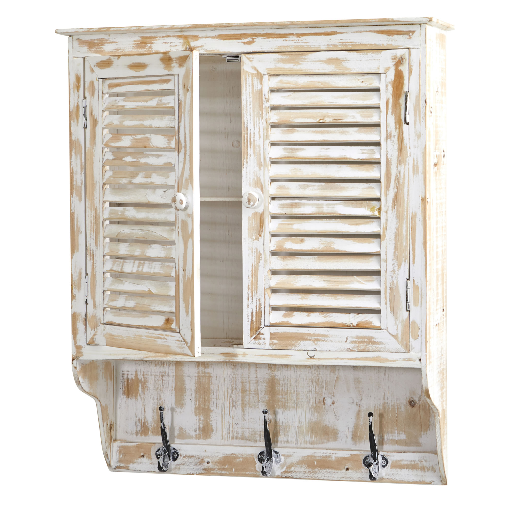 32 Inch White Washed Wall Cabinet with Hooks Rustic Bathroom Storage - Image 3